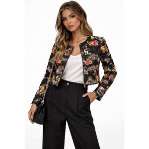 Vintage Style Cropped Jacket Paris Print Floral Black Artsy Chic Lightweight 8
